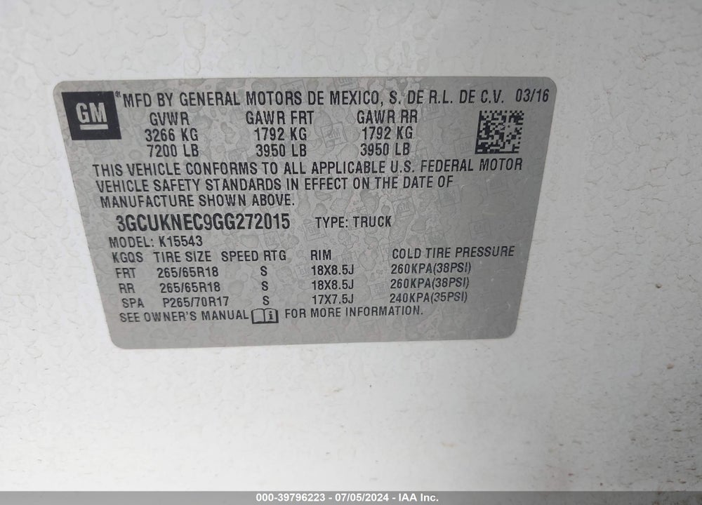2016 CHEVROLET SILVERADO 1500 WT VIN: 3GCUKNEC9GG272015