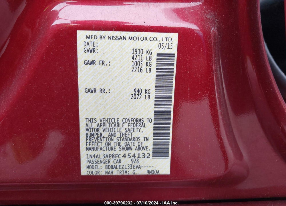 2015 NISSAN ALTIMA 2.5/2.5 S/2.5 SL/2.5 SV VIN: 1N4AL3AP8FC454132