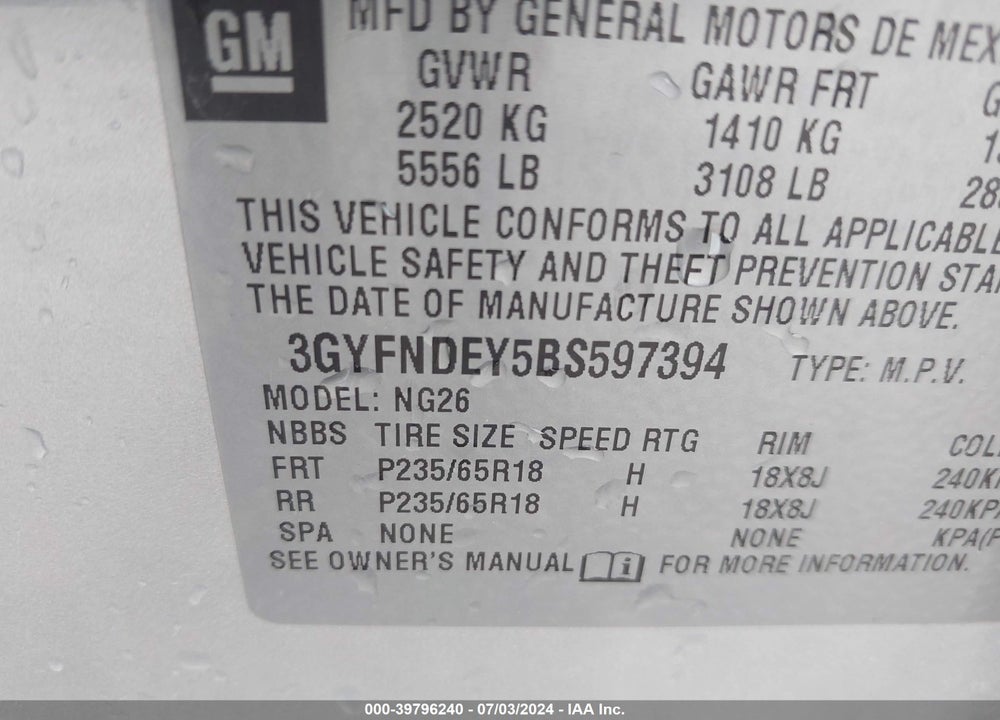2011 CADILLAC SRX LUXURY COLLECTION VIN: 3GYFNDEY5BS597394