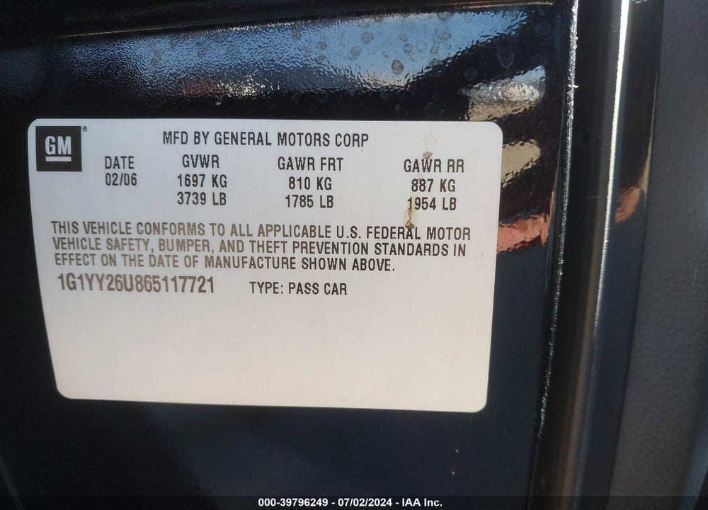 2006 CHEVROLET CORVETTE VIN: 1G1YY26U865117721