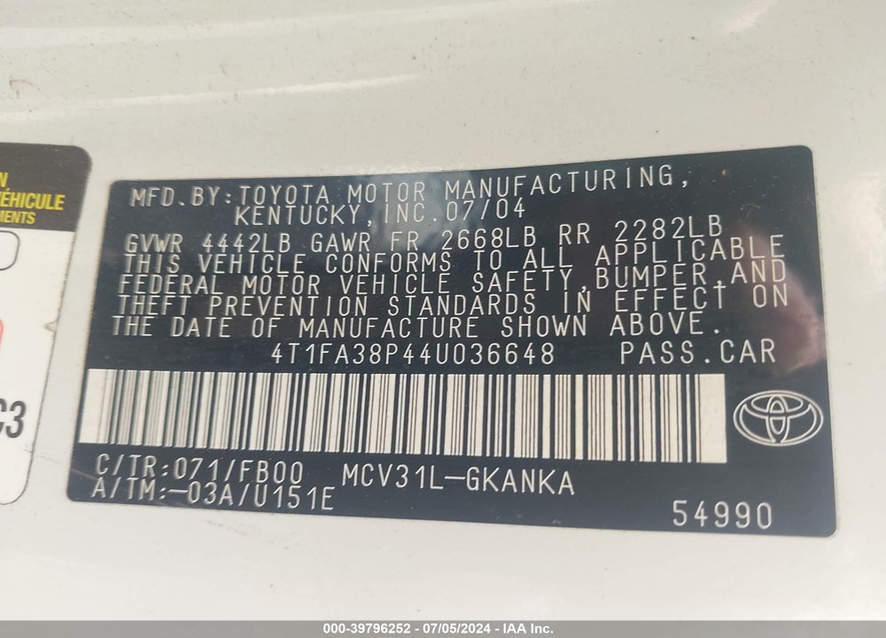 2004 TOYOTA CAMRY SOLARA SE VIN: 4T1FA38P44U036648