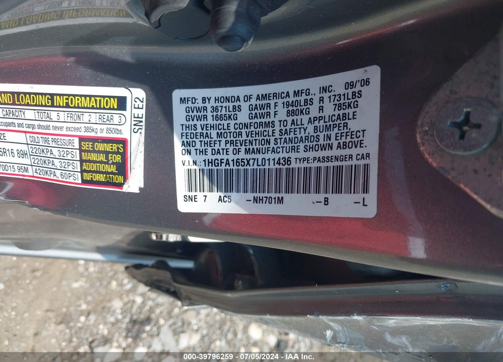 2007 HONDA CIVIC LX VIN: 1HGFA165X7L011436