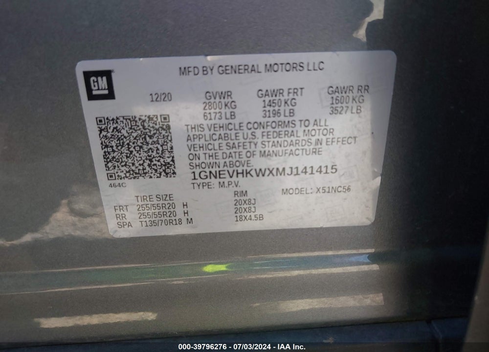 2021 CHEVROLET TRAVERSE AWD LT LEATHER VIN: 1GNEVHKWXMJ141415