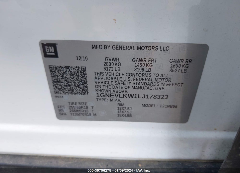 2020 CHEVROLET TRAVERSE AWD 1FL VIN: 1GNEVLKW1LJ178323
