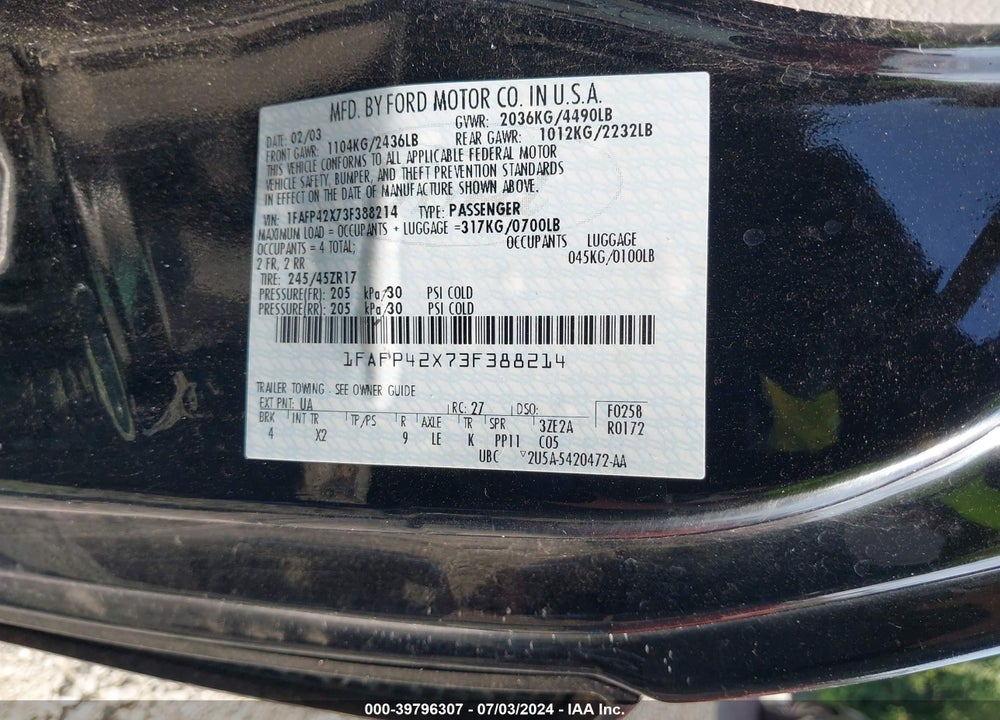 2003 FORD MUSTANG GT VIN: 1FAFP42X73F388214