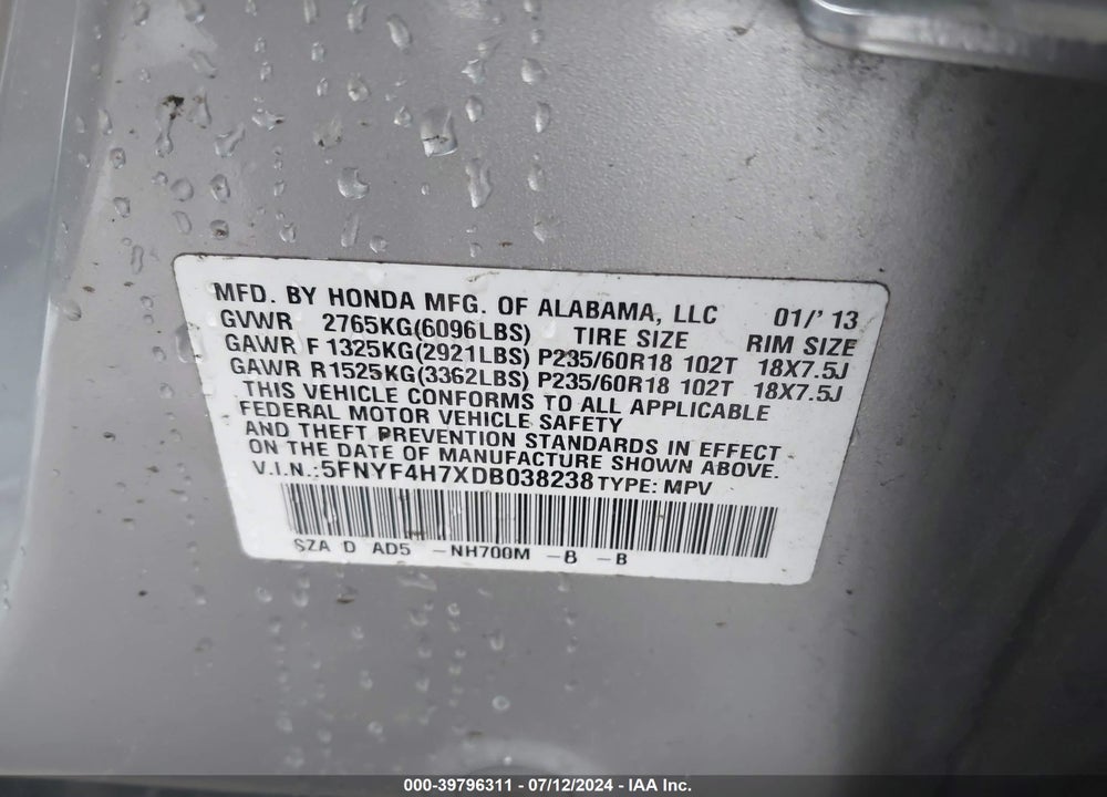 2013 HONDA PILOT EX-L VIN: 5FNYF4H7XDB038238