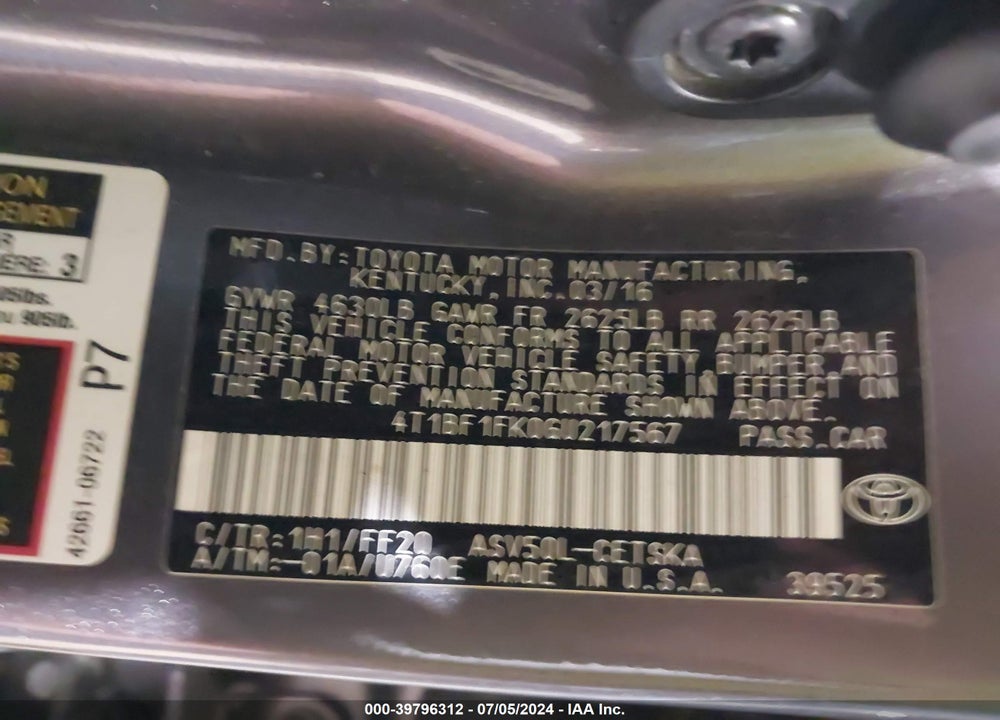 2016 TOYOTA CAMRY SE VIN: 4T1BF1FK0GU217567