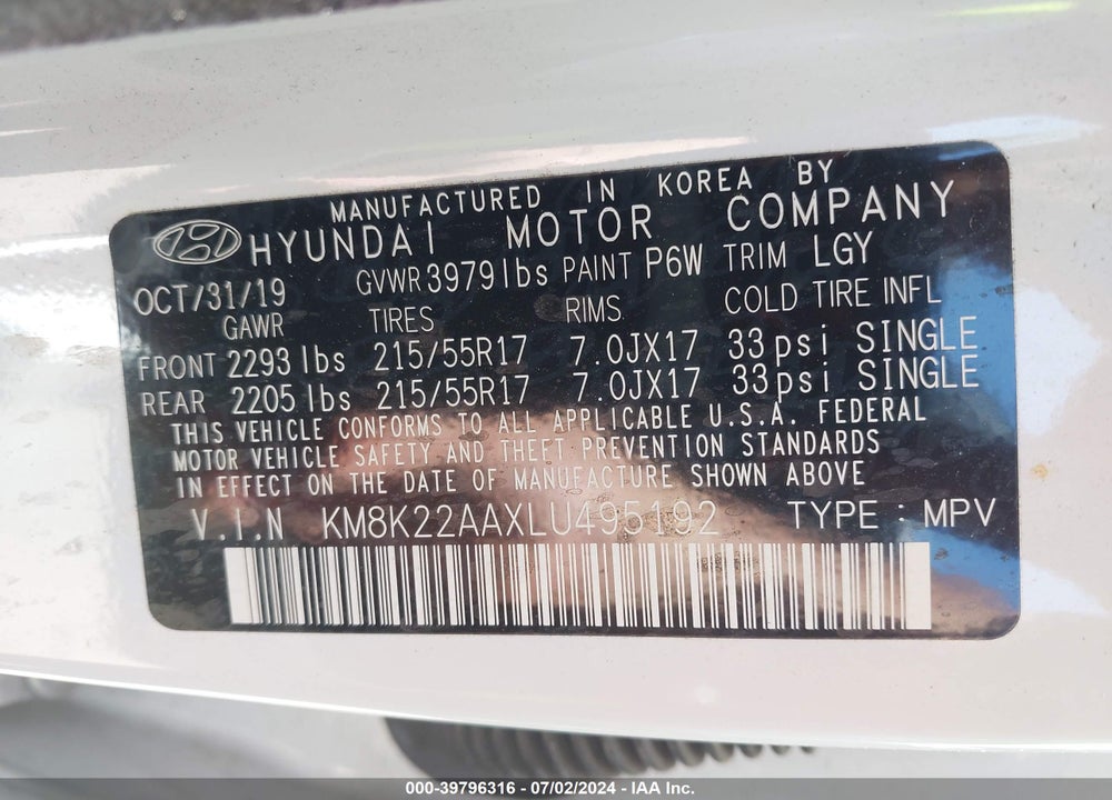 2020 HYUNDAI KONA SEL VIN: KM8K22AAXLU495192