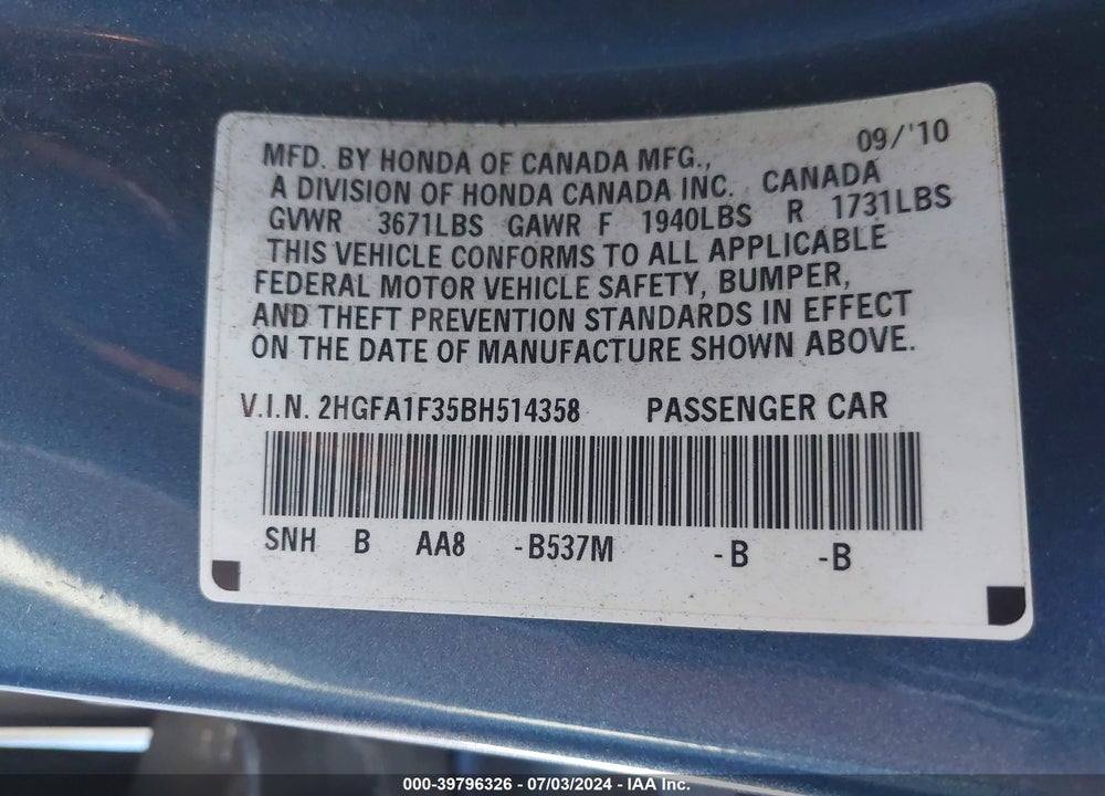 2011 HONDA CIVIC VP VIN: 2HGFA1F35BH514358