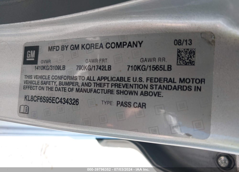 2014 CHEVROLET SPARK 2LT AUTO VIN: KL8CF6S95EC434326