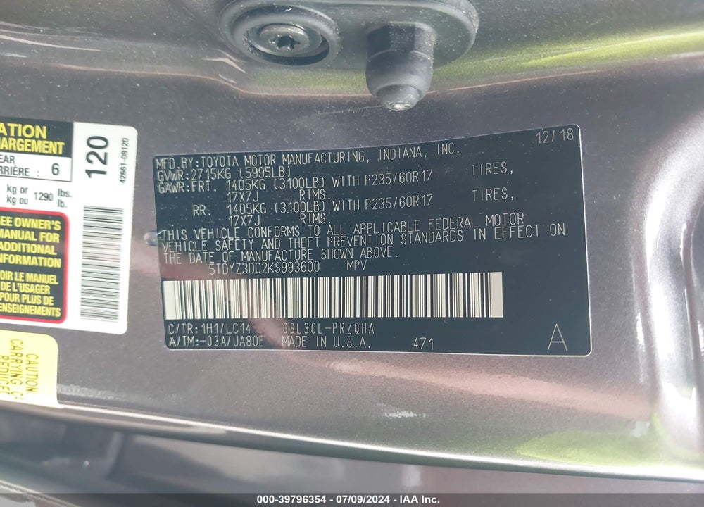 2019 TOYOTA SIENNA XLE 8 PASSENGER VIN: 5TDYZ3DC2KS993600