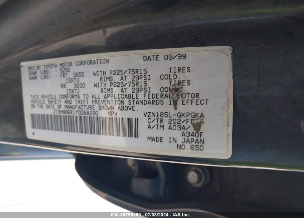 2000 TOYOTA 4RUNNER SR5 V6 VIN: JT3HN86R1Y0268290