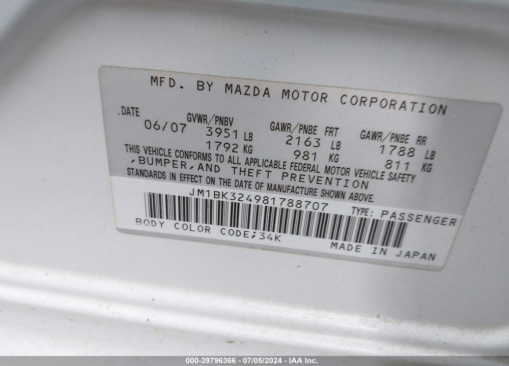 2008 MAZDA 3 S GRAND TOURING VIN: JM1BK324981788707