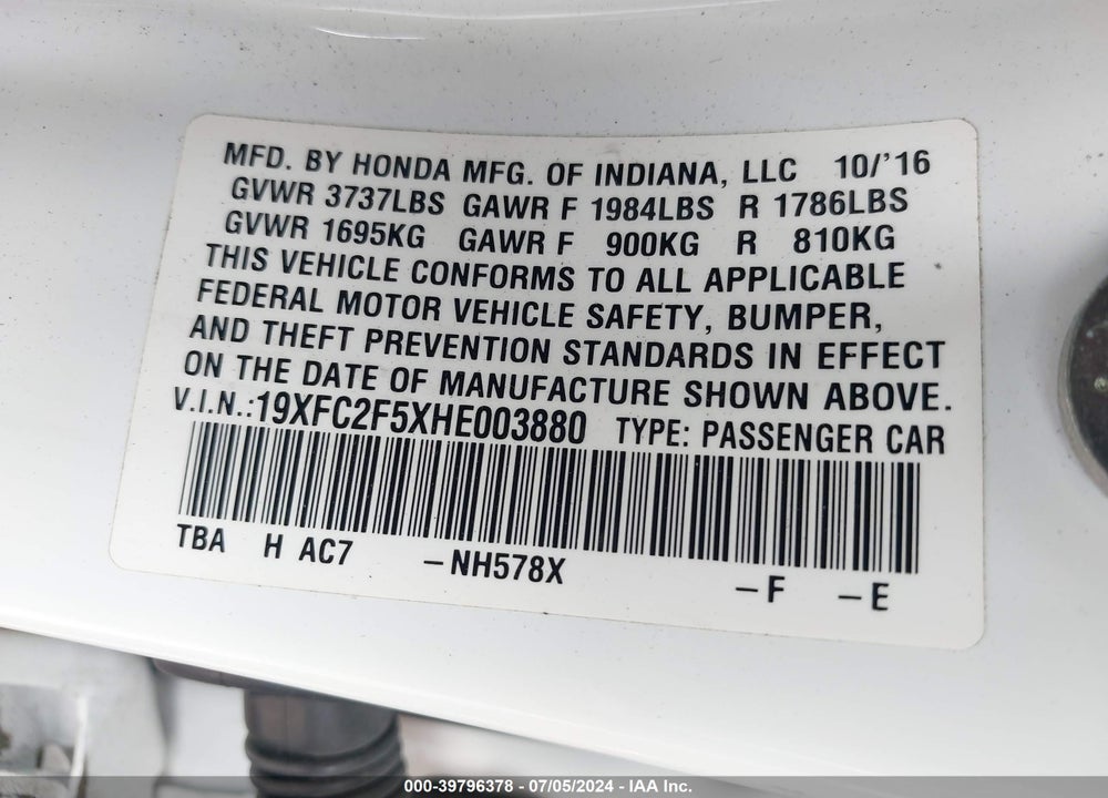 2017 HONDA CIVIC LX VIN: 19XFC2F5XHE003880