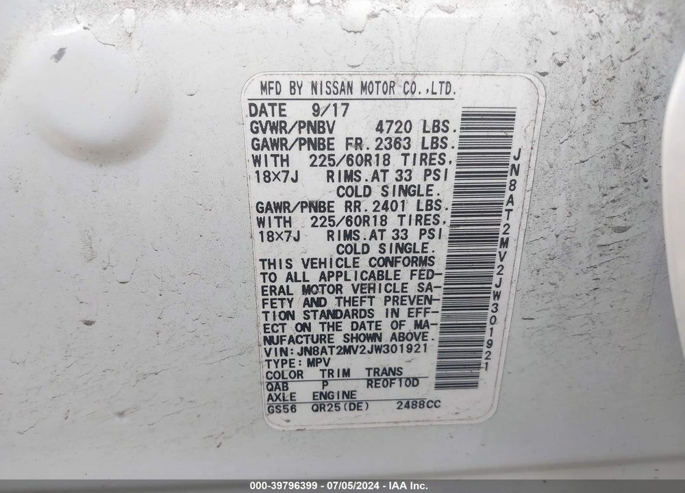 2018 NISSAN ROGUE SL VIN: JN8AT2MV2JW301921