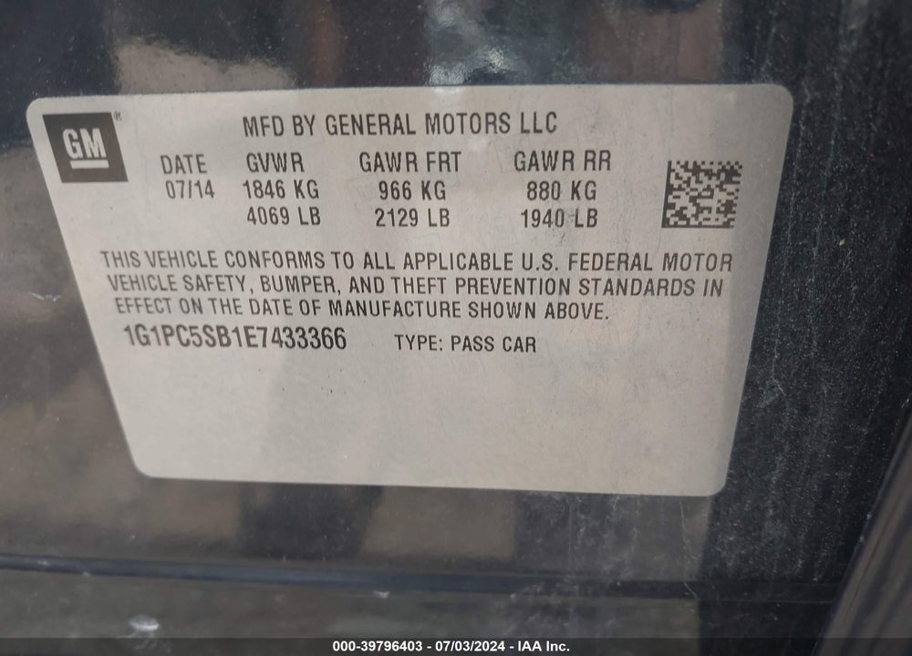 2014 CHEVROLET CRUZE 1LT AUTO VIN: 1G1PC5SB1E7433366