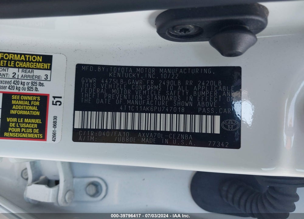2023 TOYOTA CAMRY LE VIN: 4T1C11AK6PU747018