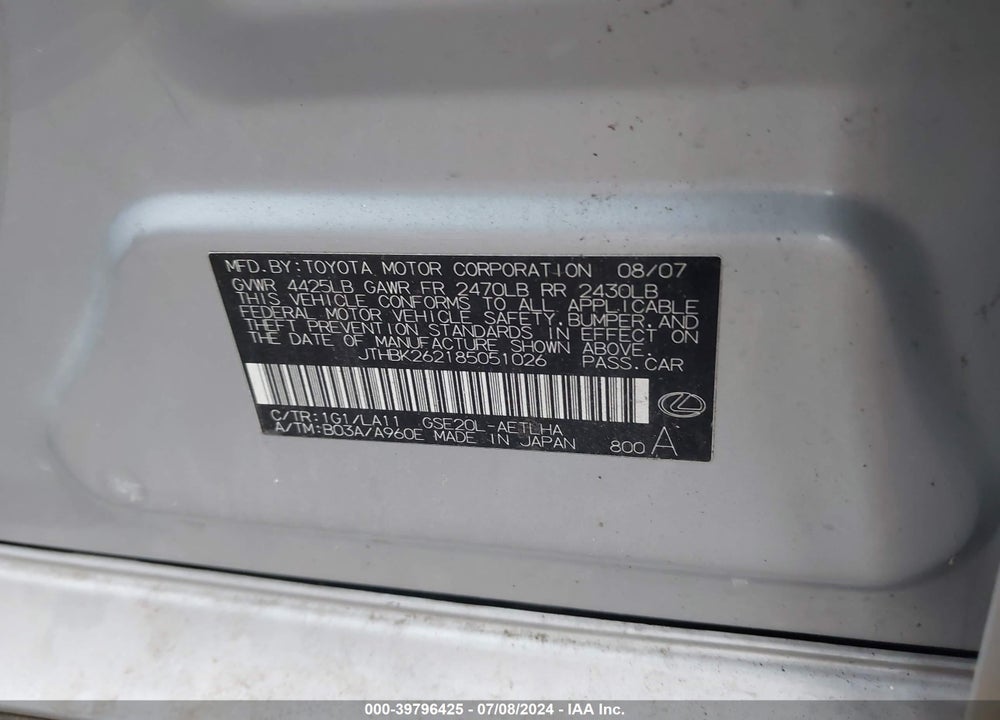 2008 LEXUS IS 250 VIN: JTHBK262185051026