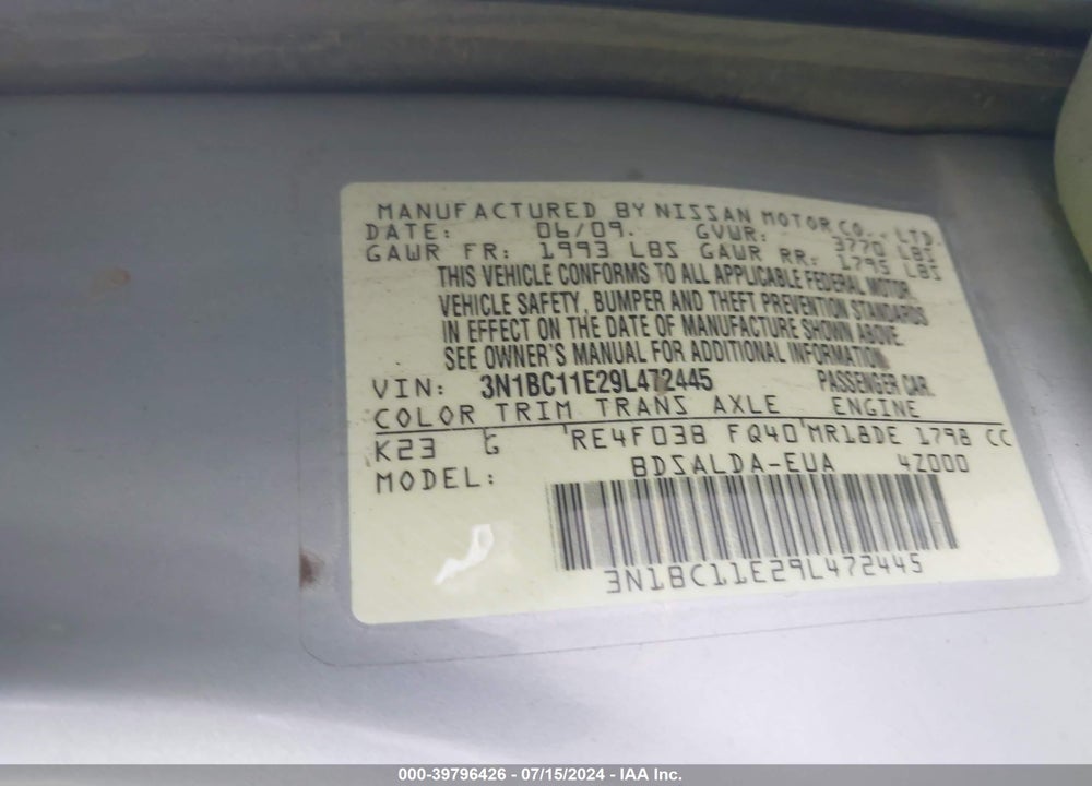 2009 NISSAN VERSA 1.8S VIN: 3N1BC11E29L472445