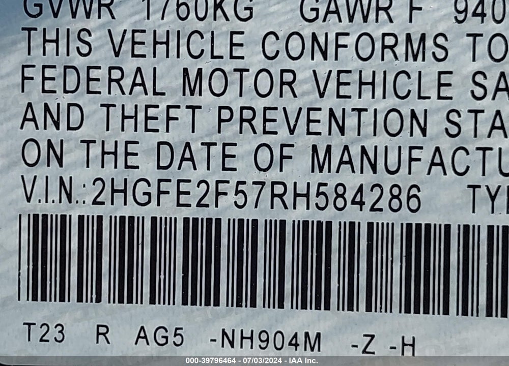 2024 HONDA CIVIC SPORT VIN: 2HGFE2F57RH584286