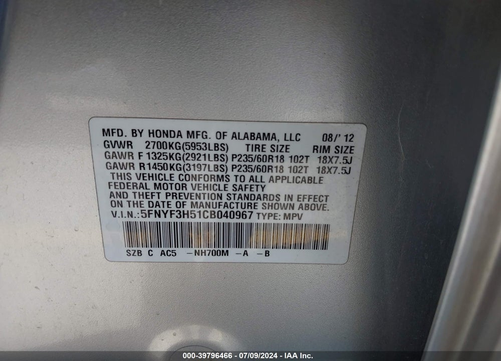 2012 HONDA PILOT EX-L VIN: 5FNYF3H51CB040967