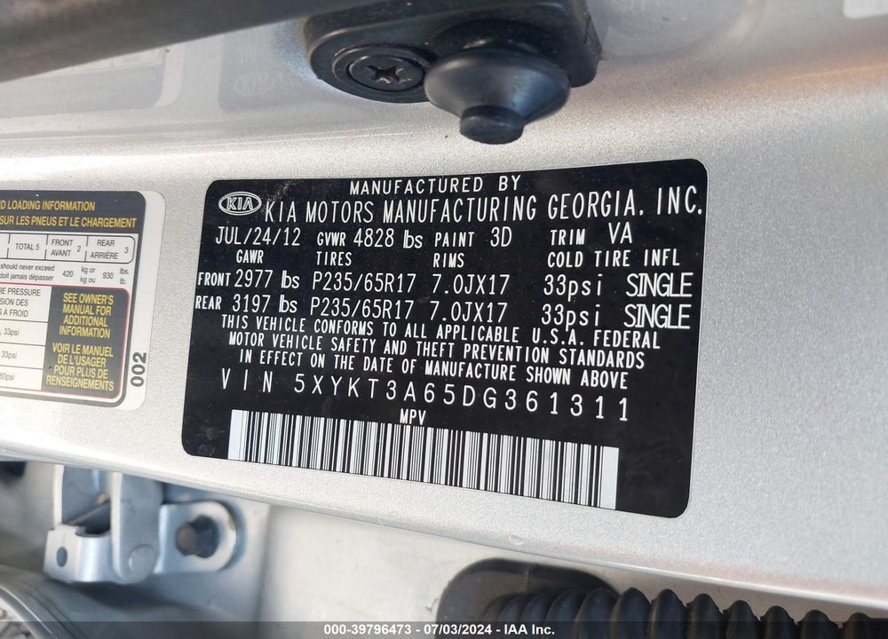 2013 KIA SORENTO LX VIN: 5XYKT3A65DG361311