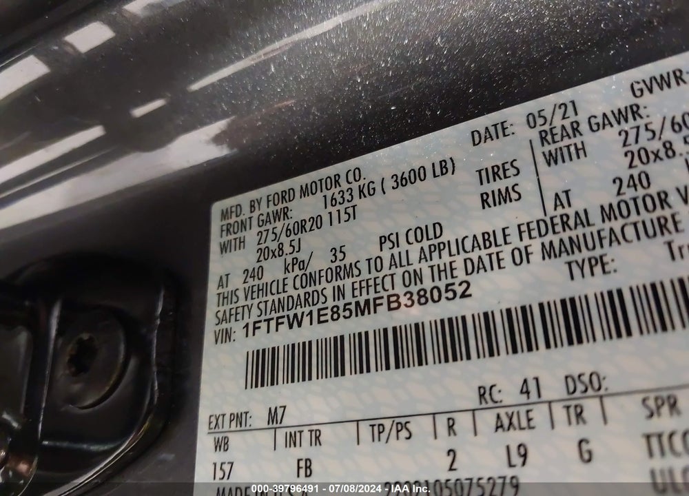 2021 FORD F-150 XLT VIN: 1FTFW1E85MFB38052