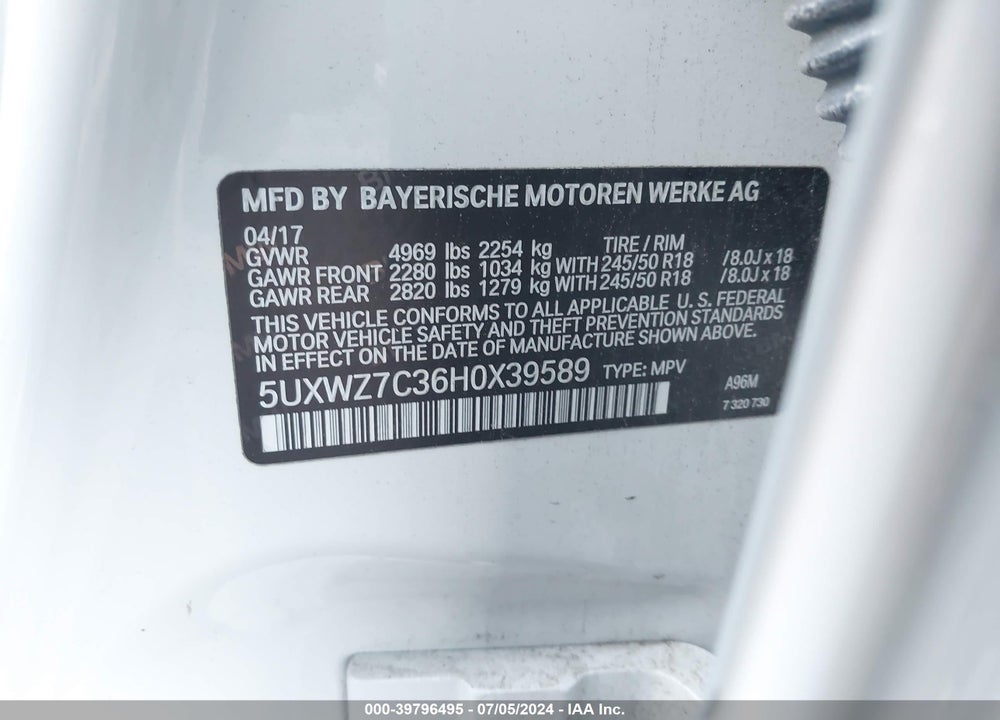 2017 BMW X3 SDRIVE28I VIN: 5UXWZ7C36H0X39589