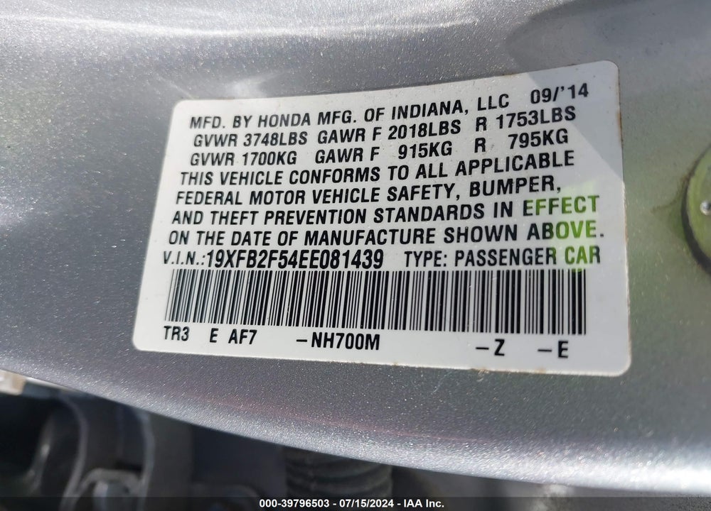 2014 HONDA CIVIC LX VIN: 19XFB2F54EE081439