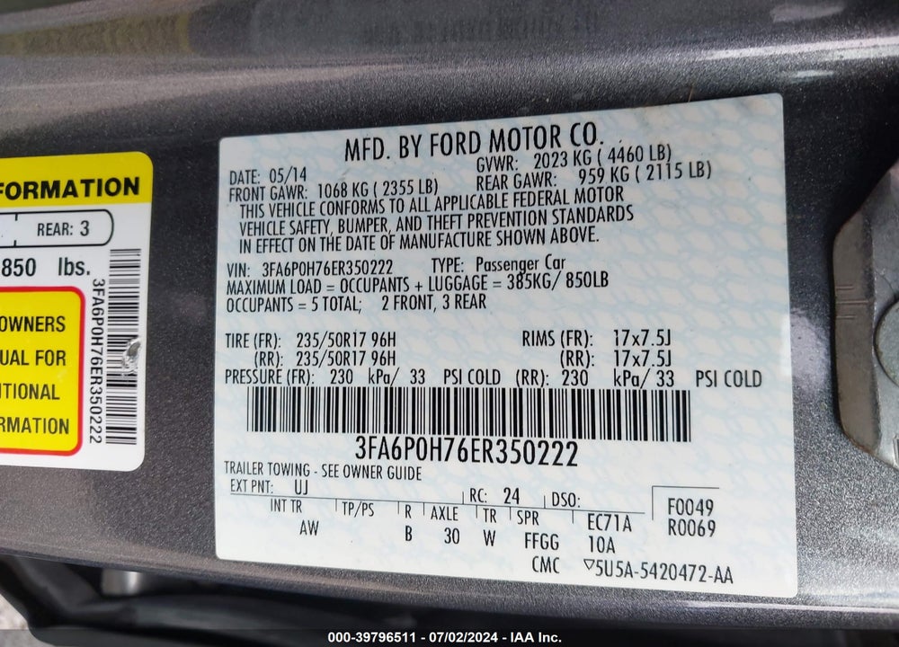 2014 FORD FUSION SE VIN: 3FA6P0H76ER350222