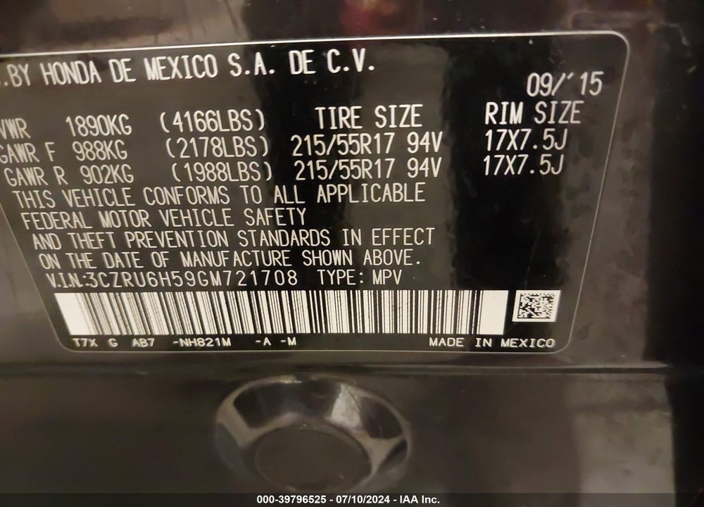 2016 HONDA HR-V EX VIN: 3CZRU6H59GM721708