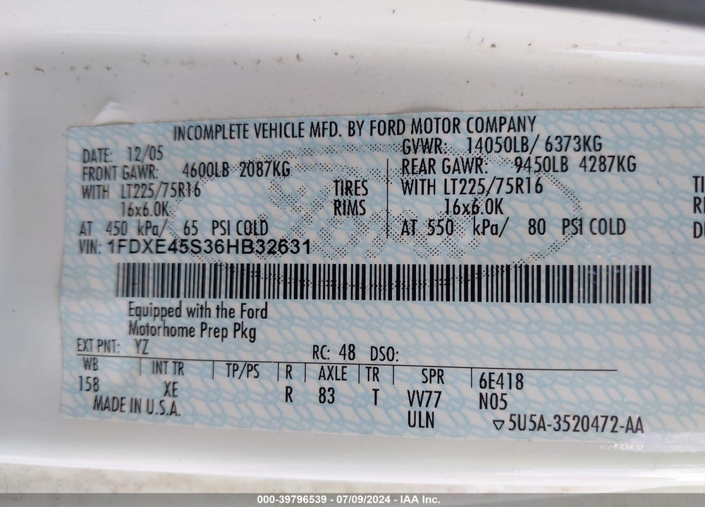 2006 FORD E-450 CUTAWAY VIN: 1FDXE45S36HB32631