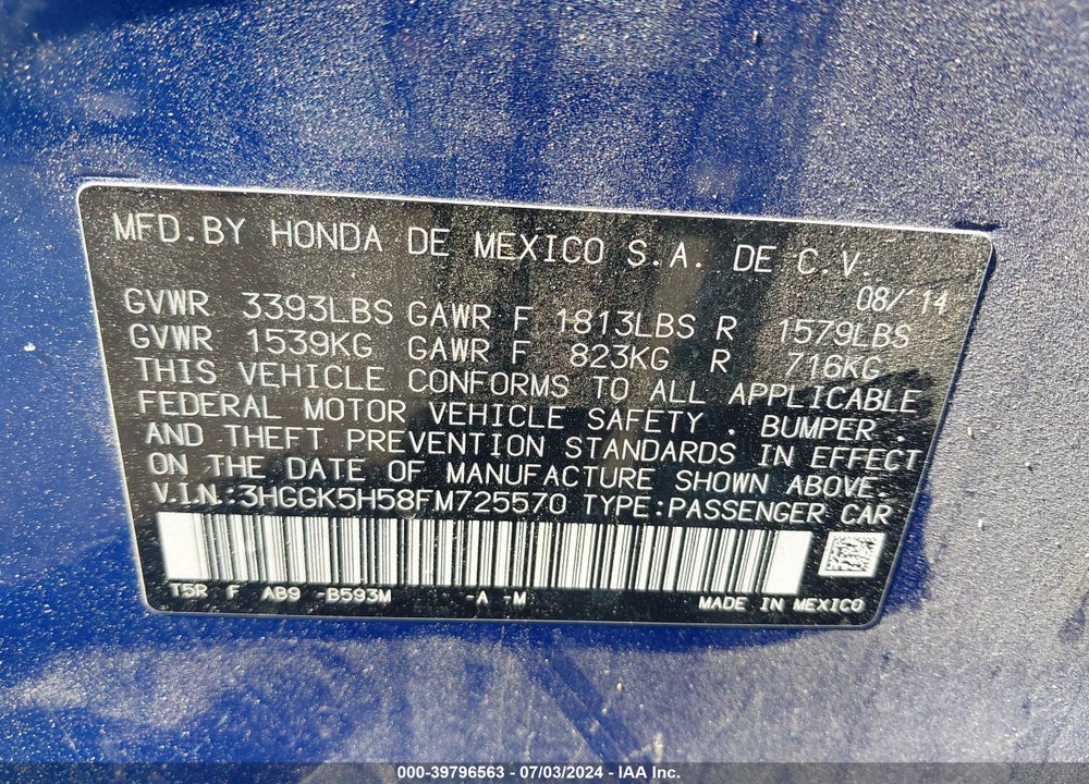 2015 HONDA FIT LX VIN: 3HGGK5H58FM725570
