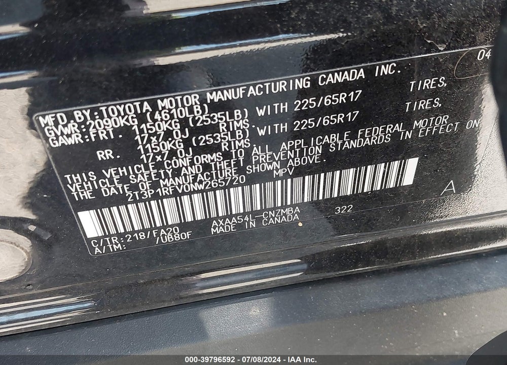 2022 TOYOTA RAV4 XLE VIN: 2T3P1RFV0NW265720
