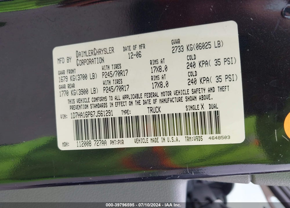 2007 DODGE RAM 1500 VIN: 1D7HA16P67J561291