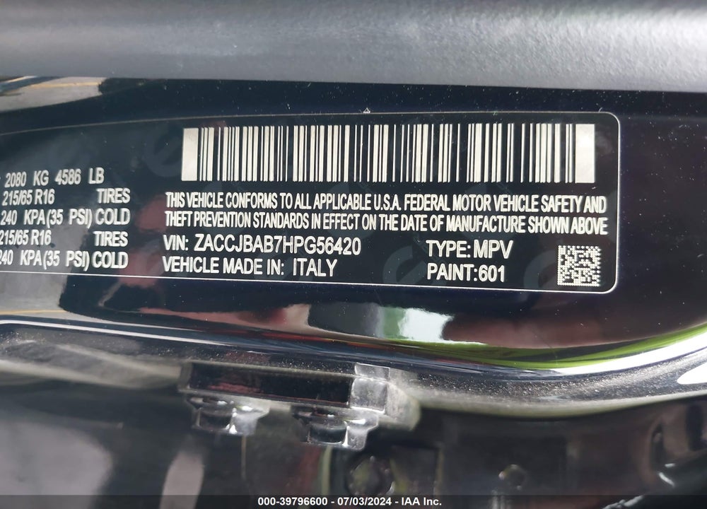 2017 JEEP RENEGADE SPORT 4X4 VIN: ZACCJBAB7HPG56420