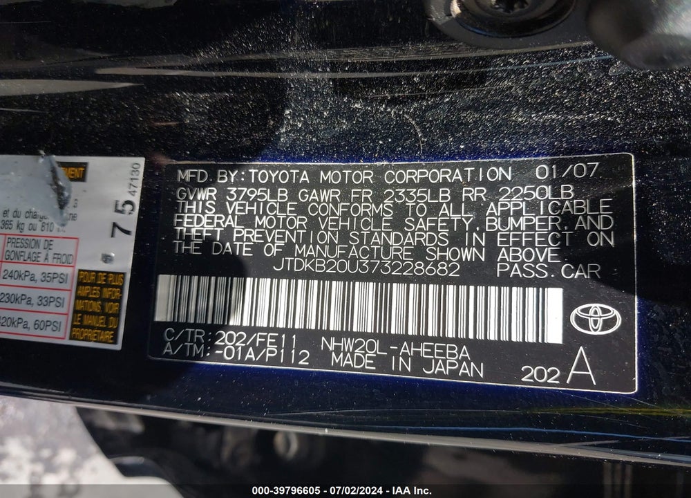 2007 TOYOTA PRIUS VIN: JTDKB20U373228682