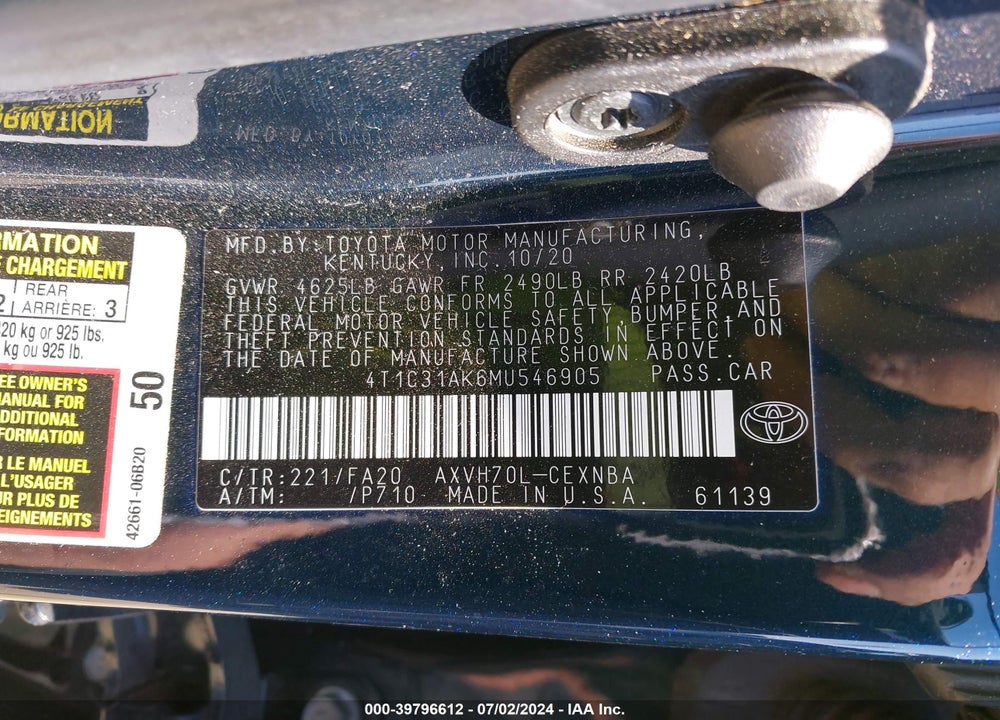 2021 TOYOTA CAMRY LE HYBRID VIN: 4T1C31AK6MU546905