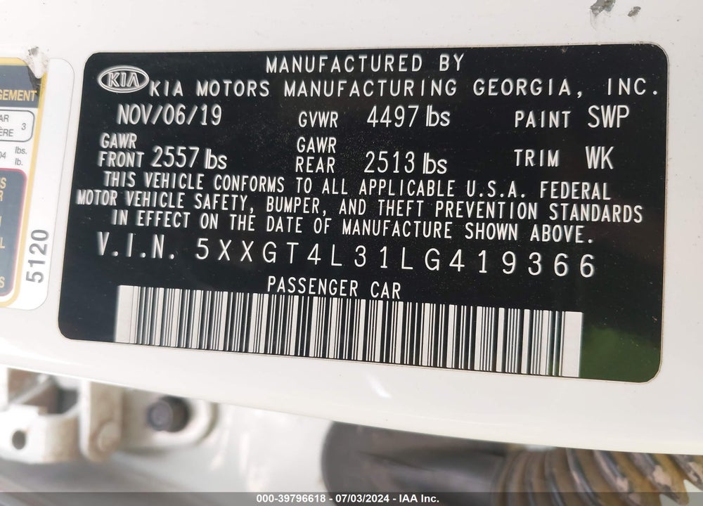 2020 KIA OPTIMA LX VIN: 5XXGT4L31LG419366