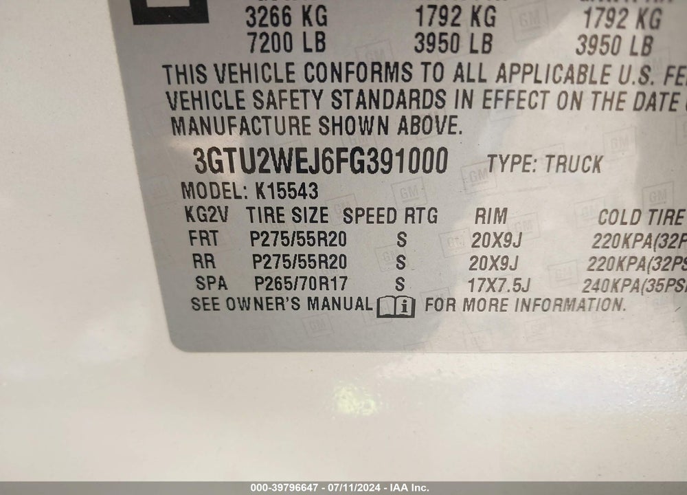 2015 GMC SIERRA 1500 VIN: 3GTU2WEJ6FG391000