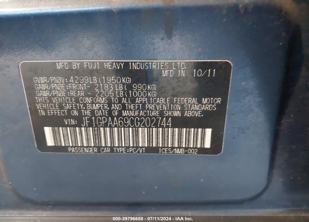 2012 SUBARU IMPREZA 2.0I VIN: JF1GPAA69CG202744