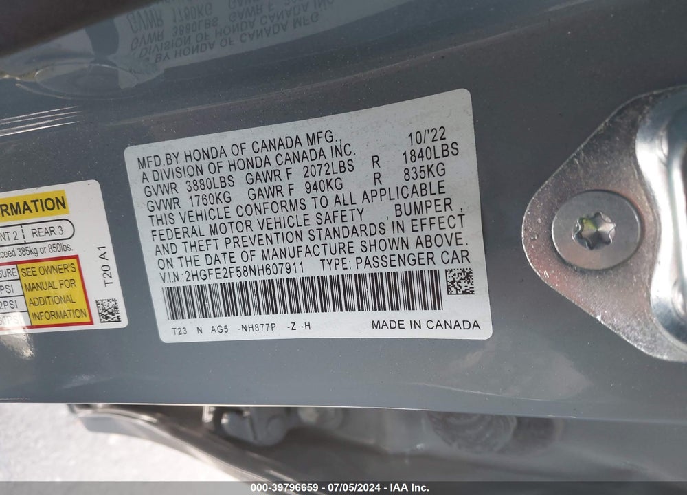 2022 HONDA CIVIC SPORT VIN: 2HGFE2F58NH607911
