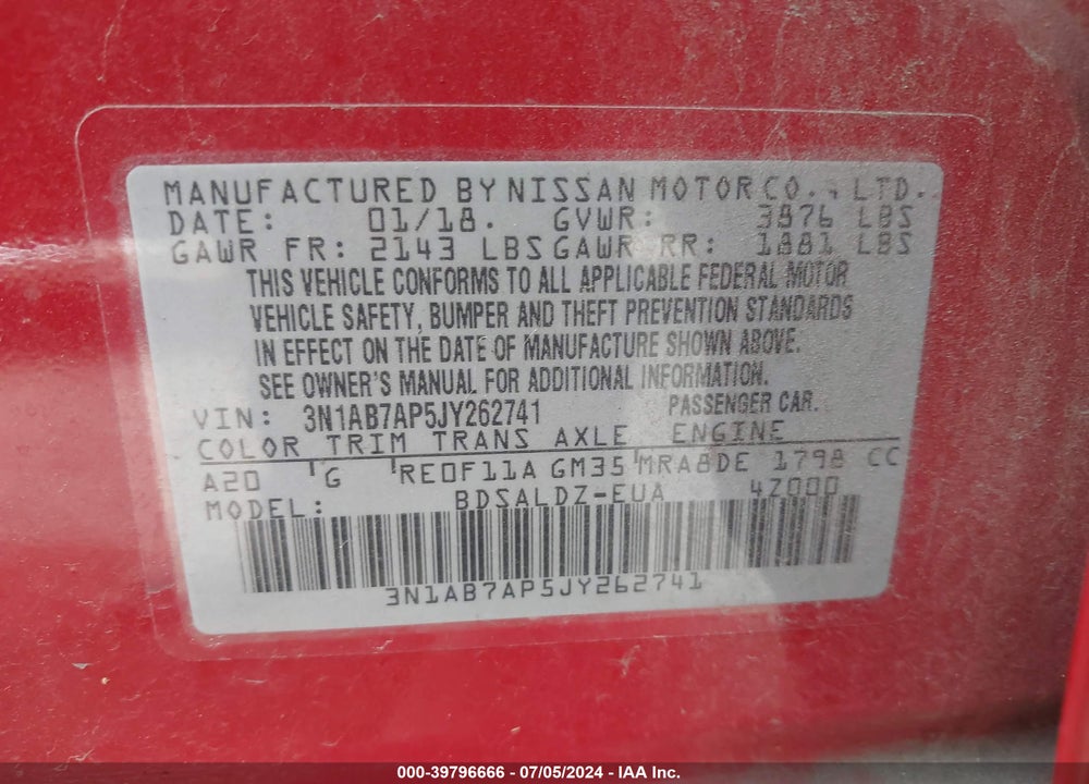 2018 NISSAN SENTRA SV VIN: 3N1AB7AP5JY262741