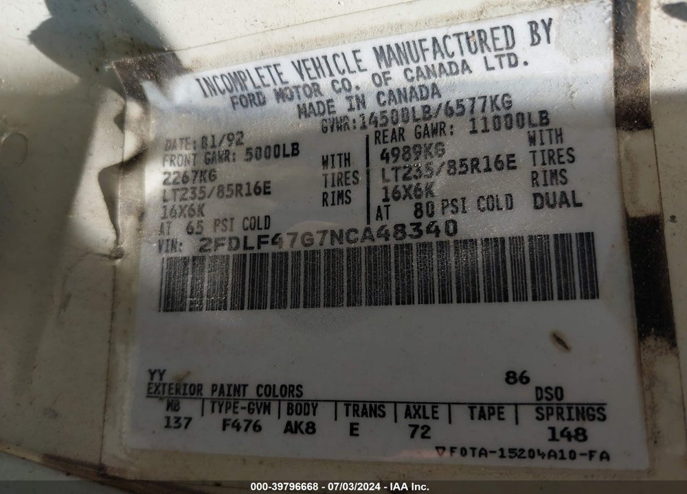 1992 FORD F SUPER DUTY VIN: 2FDLF47G7NCA48340