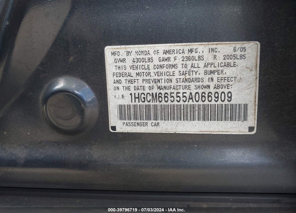 2005 HONDA ACCORD 3.0 EX VIN: 1HGCM66555A066909