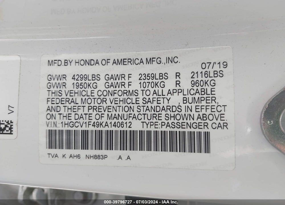 2019 HONDA ACCORD EX VIN: 1HGCV1F49KA140612