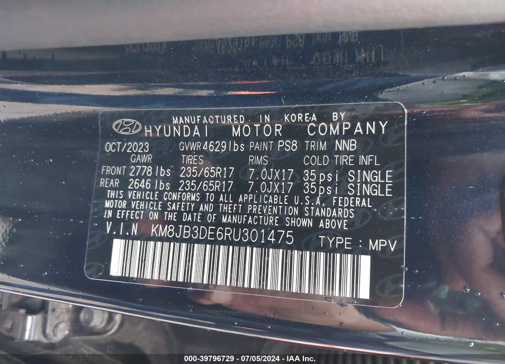 2024 HYUNDAI TUCSON SEL VIN: KM8JB3DE6RU301475