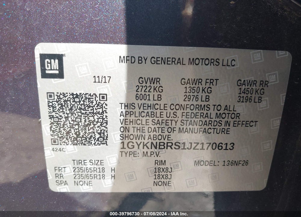 2018 CADILLAC XT5 STANDARD VIN: 1GYKNBRS1JZ170613