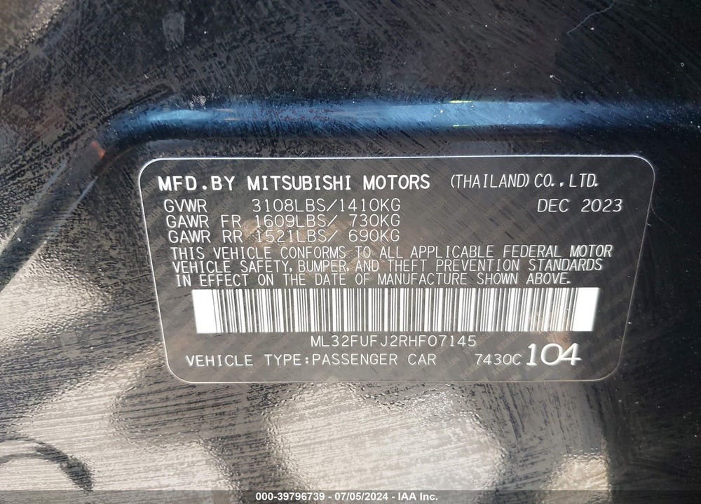 2024 MITSUBISHI MIRAGE G4 BLACK EDITION VIN: ML32FUFJ2RHF07145