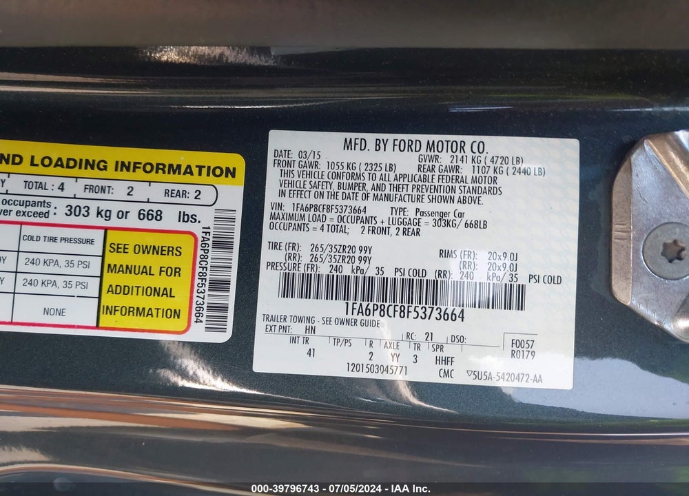 2015 FORD MUSTANG GT PREMIUM VIN: 1FA6P8CF8F5373664